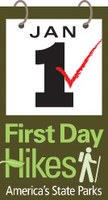 logo with text January 1 Americas First Day Hikes and a little graphics of a hiking person