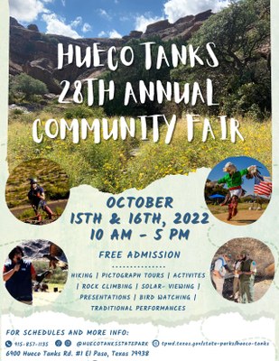 Poster for 28th annual community fair, includes images of scenery, park ranger leading a tour, Native American dancers, hawk, a person climbing, and information about the fair.