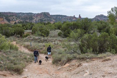 Overhead shot of hikers enjoying a stroll on the Lighthouse Trail. The formation can e seen in the background. 