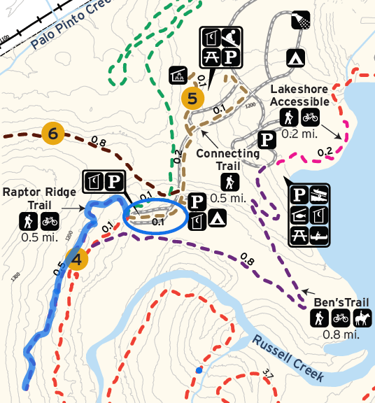 Route for Beginner-Accessible Hike highlighted in blue with parking circled in blue