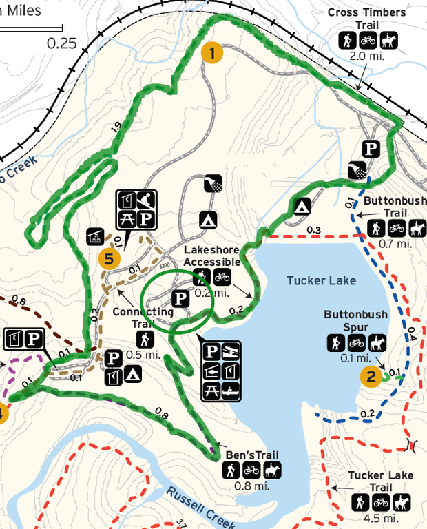 Route for Challenging Hike highlighted in green and parking area circled in green