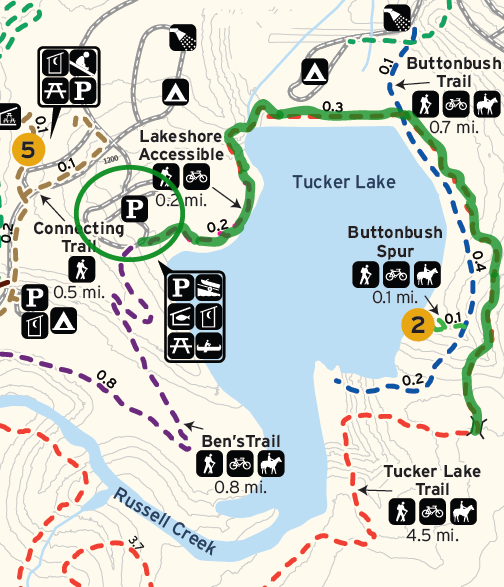 Route for Intermediate Hike highlighted in green and parking circled in green