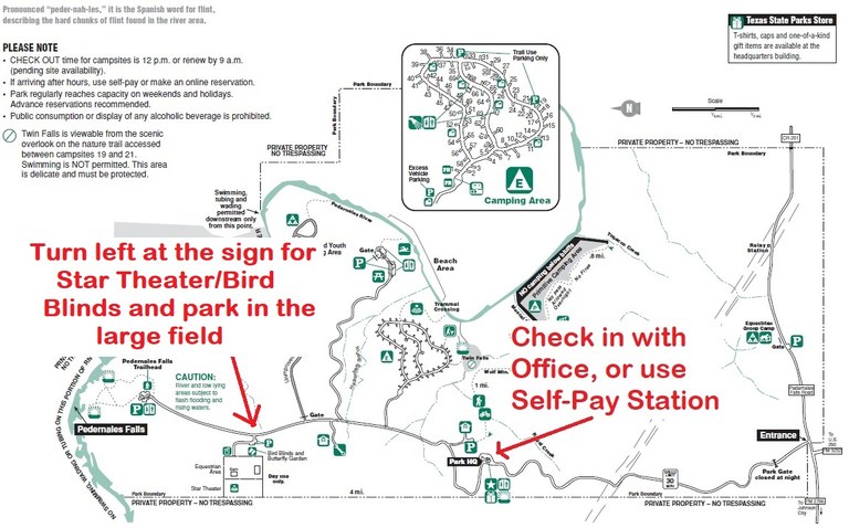 Map of Pedernales Falls State Park with arrows indicating directions to the Star Theater