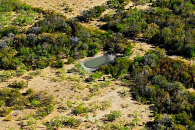 aerial view of woods, land and water