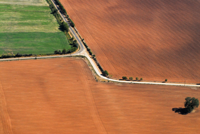 Aerial view of road through pagricultural land