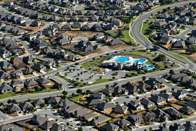 aerial view of suburban housing neighborhood