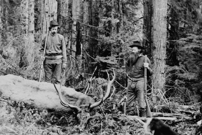 19th century photo of hunters in forest with downed elk