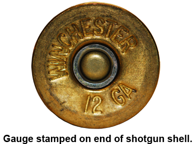 Gauge stamped on end of shotgun shell