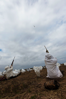 Goose hunters firing at geese overhead