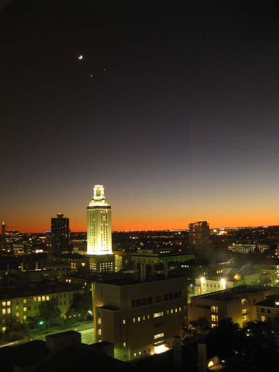 Moon, Venus, Jupiter over UT Tower