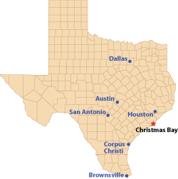 Map showing Christmas Bay location just southwest of Houston