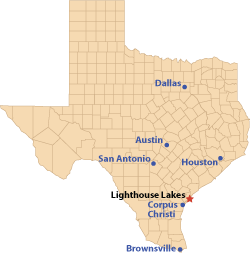Map showing Lighthouse Lakes location on the coast northeast of Corpus Christi