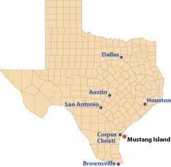 Map showing Mustang Island State Park Paddling Trail location on the coast just east of Corpus Christi