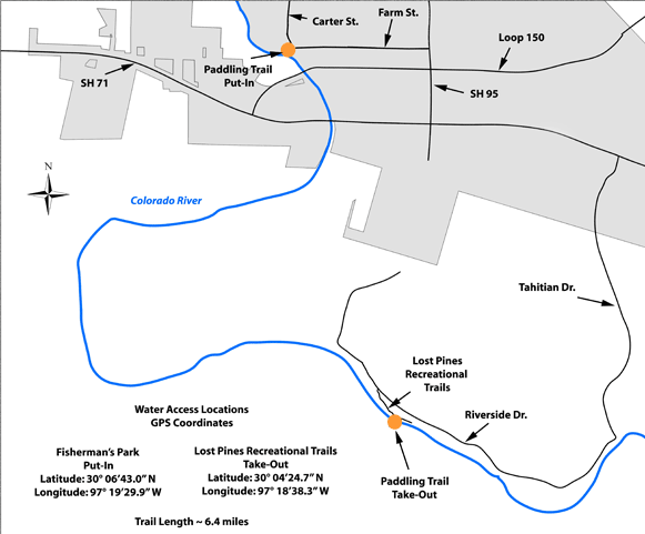 Area map of Bastrop Paddling Trail