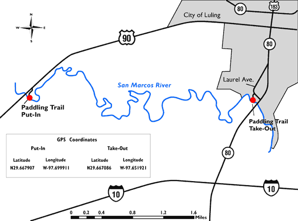Area map of Luling Paddling Trail and highways in Luling