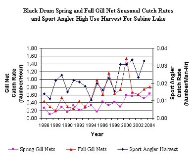 graph of abundance and harvest for 
	black drum in Sabine lake