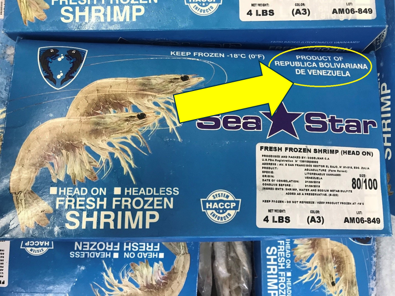 Image of packaged imported shrimp from Venezuela that should not be used as bait. 