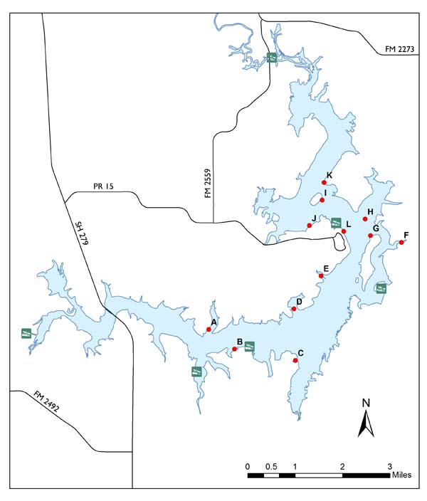 Lake diagram showing locations of fish attractors