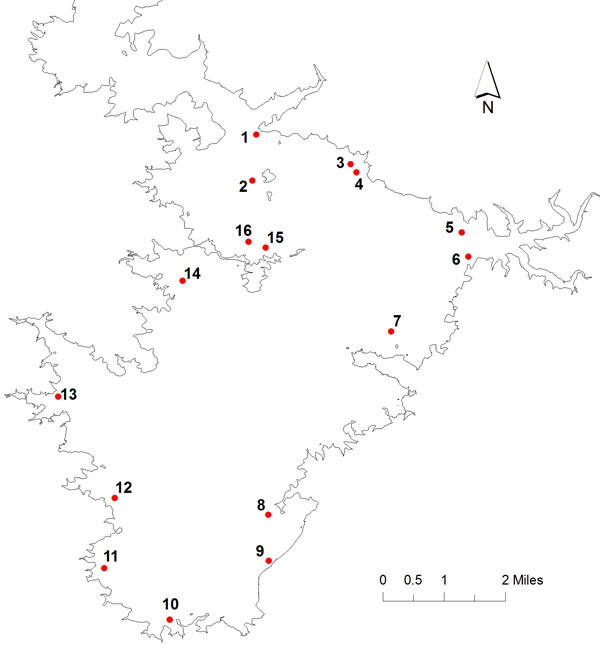 Lake diagram showing locations of fish attractors