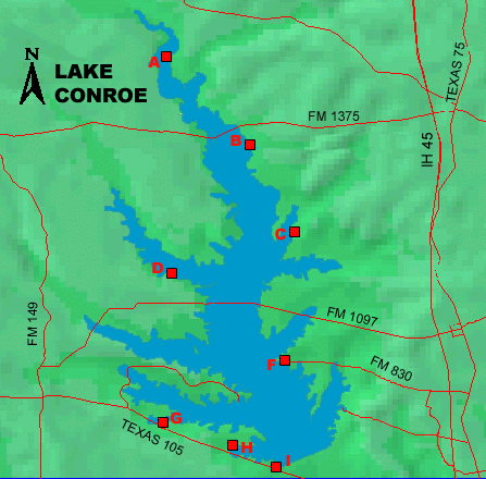 Lake Conroe Fishing Hotspots, GPS Waypoints