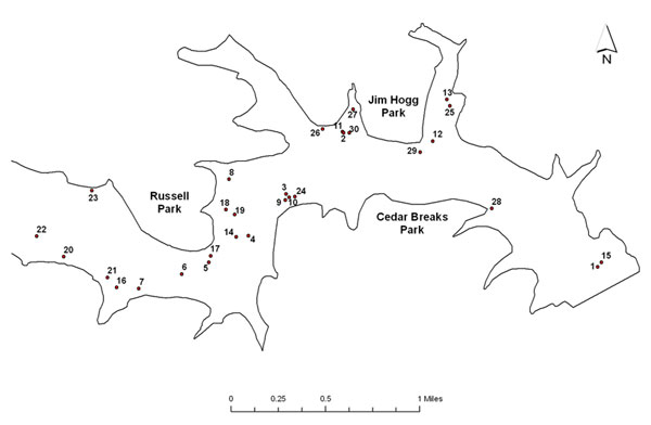 Lake map showing locations of fish attractors