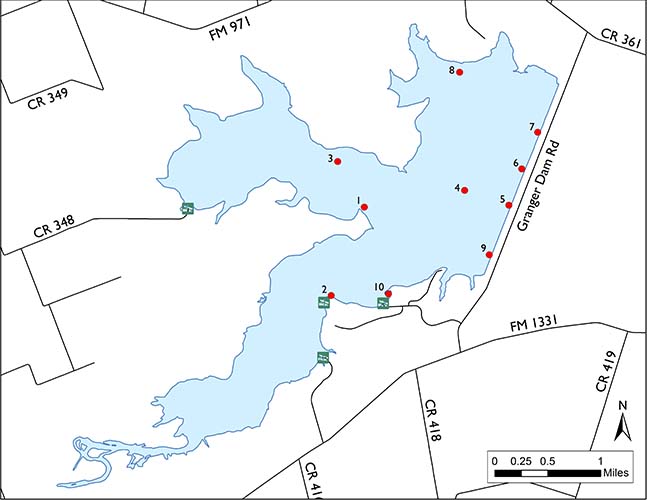 Lake diagram showing fish attractor locations