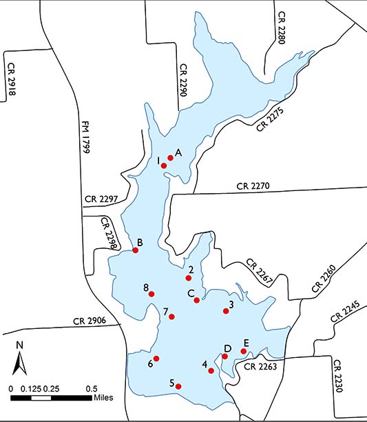 Lake Tyler Fishing Map Fish Attractors In Lake Holbrook