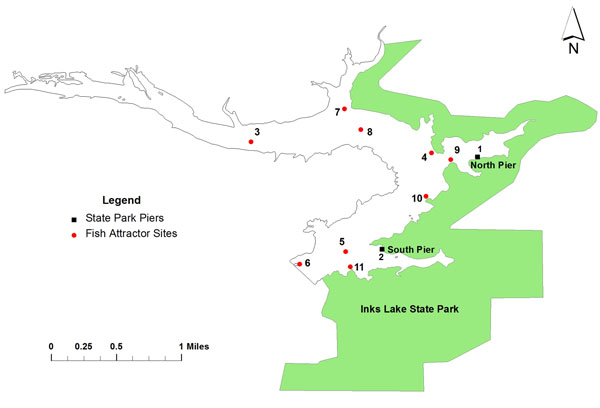 Lake map showing locations of fish attractors