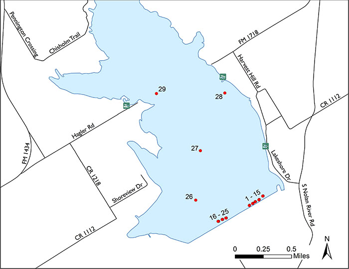 Lower end of lake showing locations of fish attractors