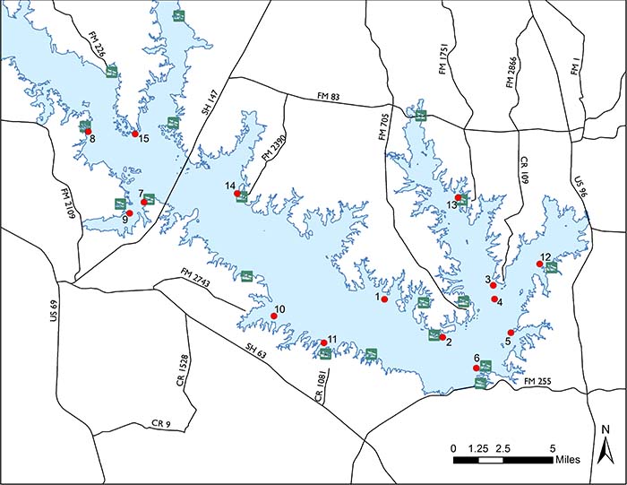 Lake Sam Rayburn Map Fish Attractors in Sam Rayburn Reservoir