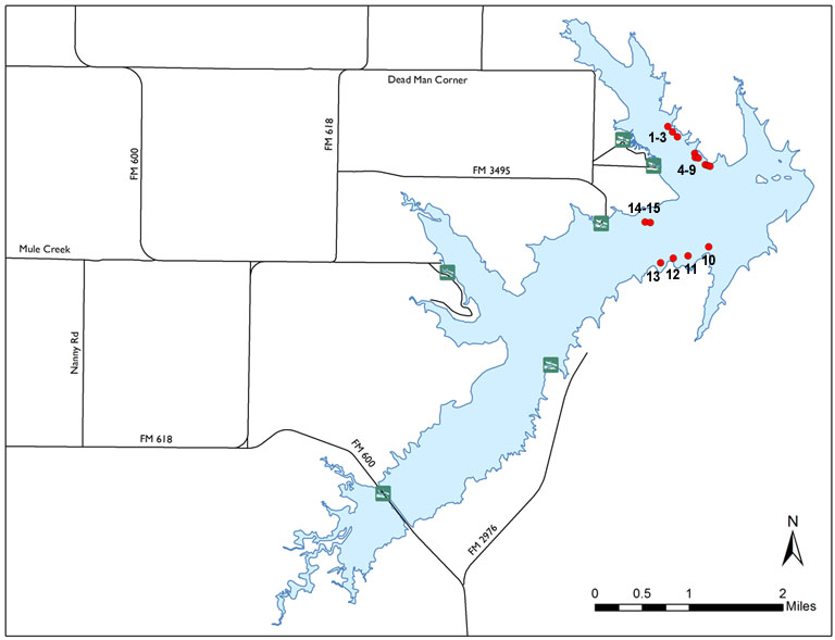 Lake map showing locations of tree piles