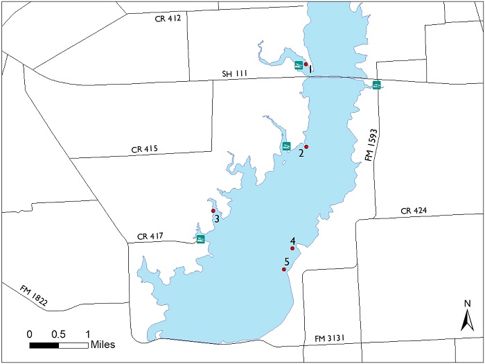Outline of lake showing locations of fish attractors