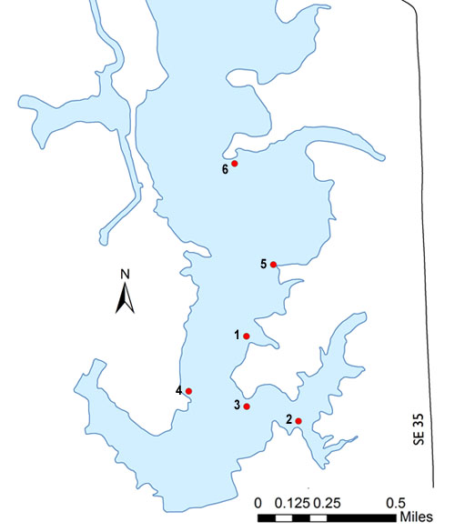 Lower end of lake with red dots indicating fish attractors
