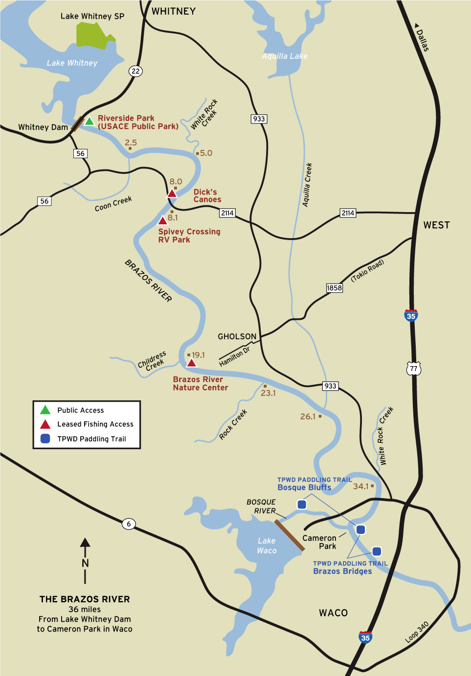 Map of Brazos River from Lake Whitney to Waco