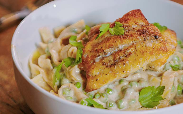 Grilled Bass and Pea Pasta