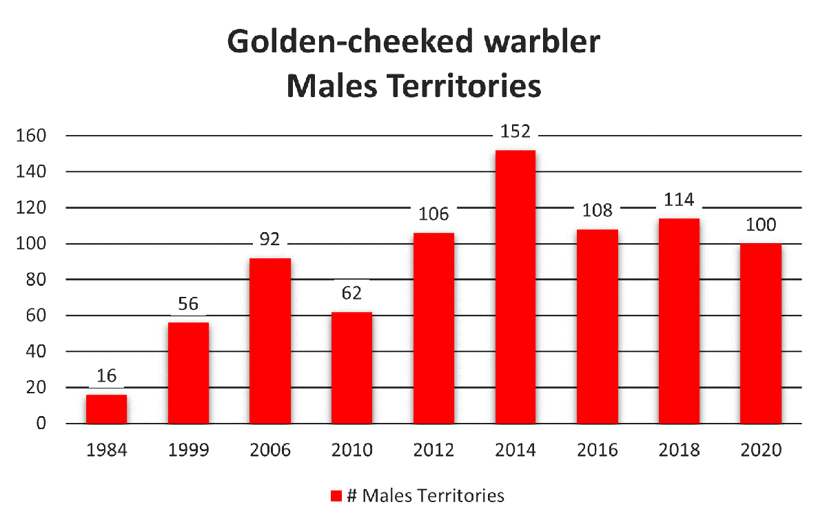Chart showing the golden-cheeked warbler population trends on Kerr WMA