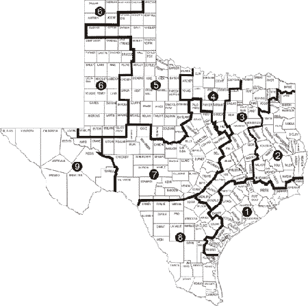 Texas Ecoregions Map; Regions Listed Below Image; Click a Region to List its Counties.