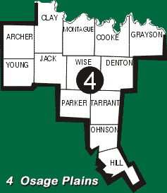 Texas Ecoregion Map; Region 4 -- Osage
	  Plains (Cross Timbers); Counties Listed Below Image.