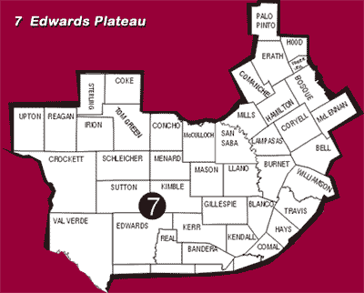 Texas Ecoregion Map; Region 7 -- Edwards
  Plateau; Counties Listed Below Image.