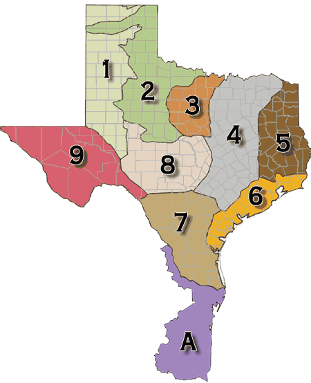 Map of Texas Showing Nine Eco-regions, each of which are clickable that go to a page defining the region.