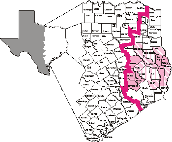 Map of Texas showing present range of Red-cockaded Woodpecker