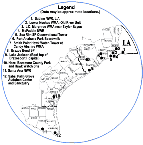 Map of Texas counties that were in the watch area. Numbers and names in parentheses represent participating sites in that particular county.