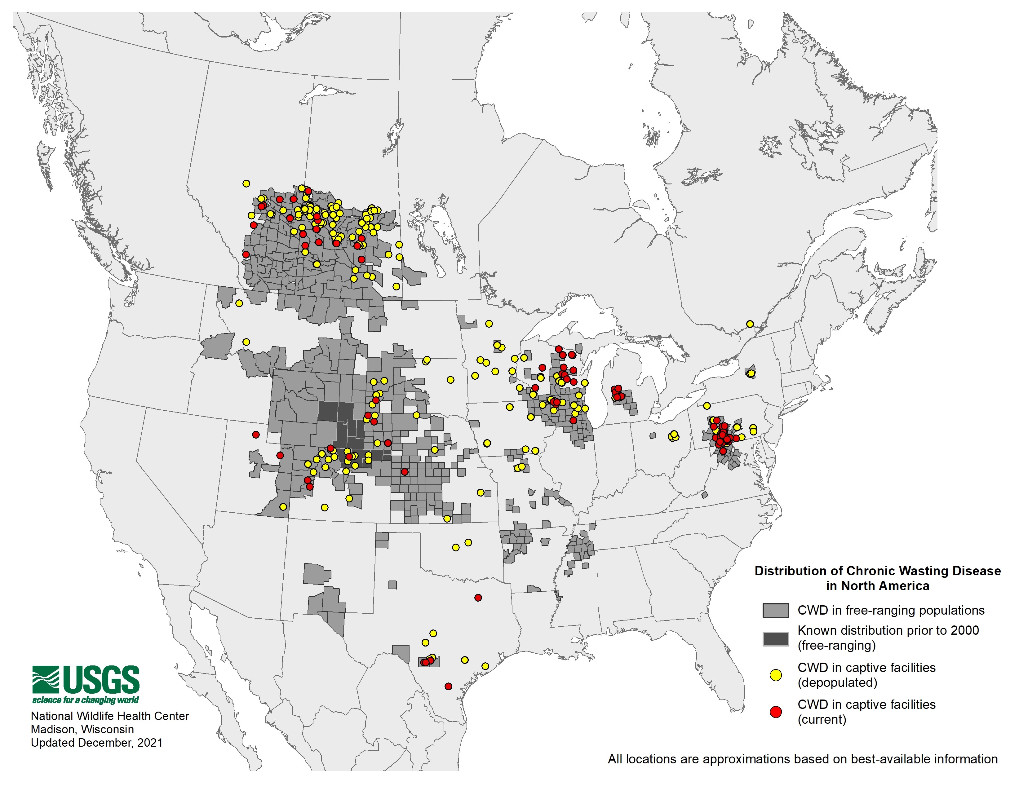 National Wildlife Health Center distribution of CWD in North America map, Dec. 2, 2021