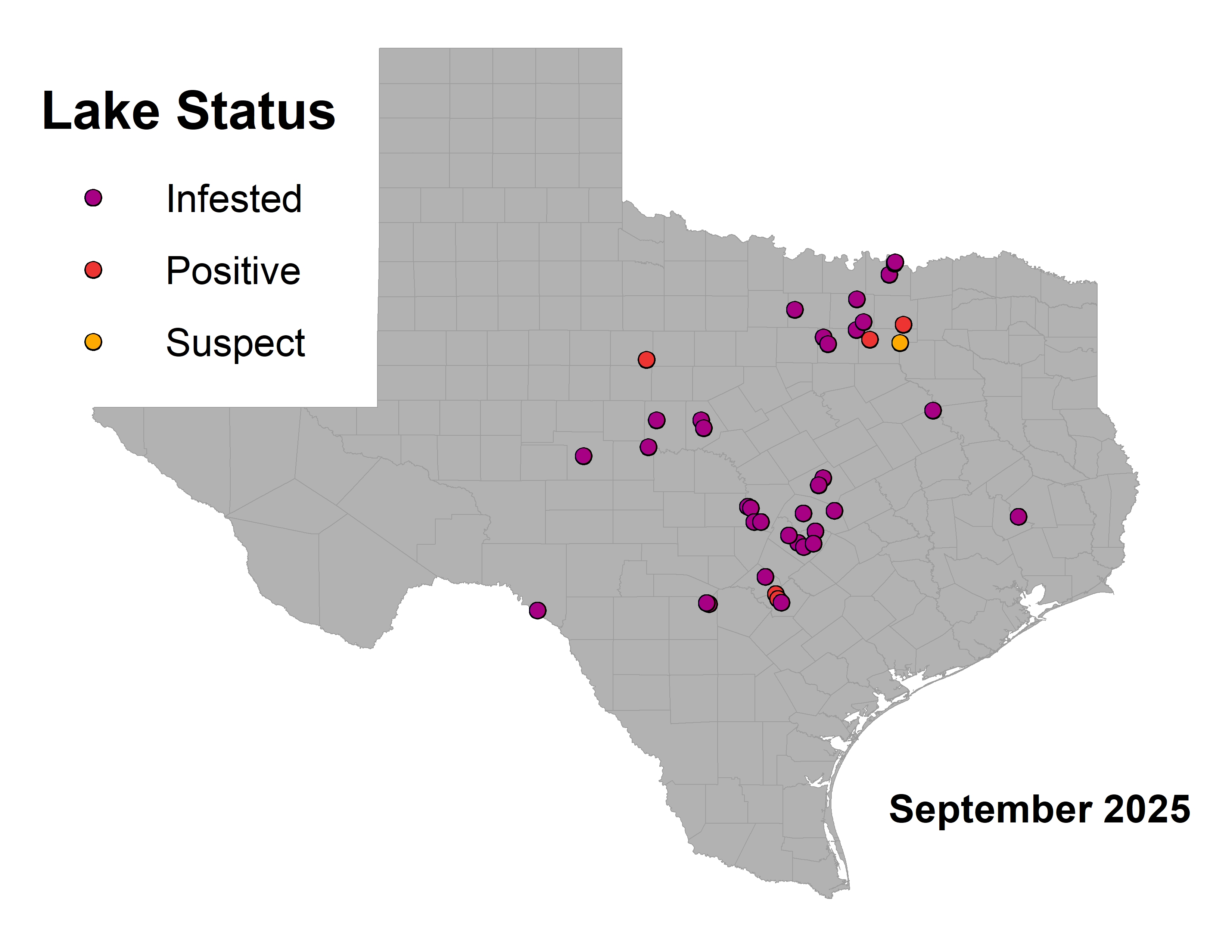 Map showing locations of infested lakes