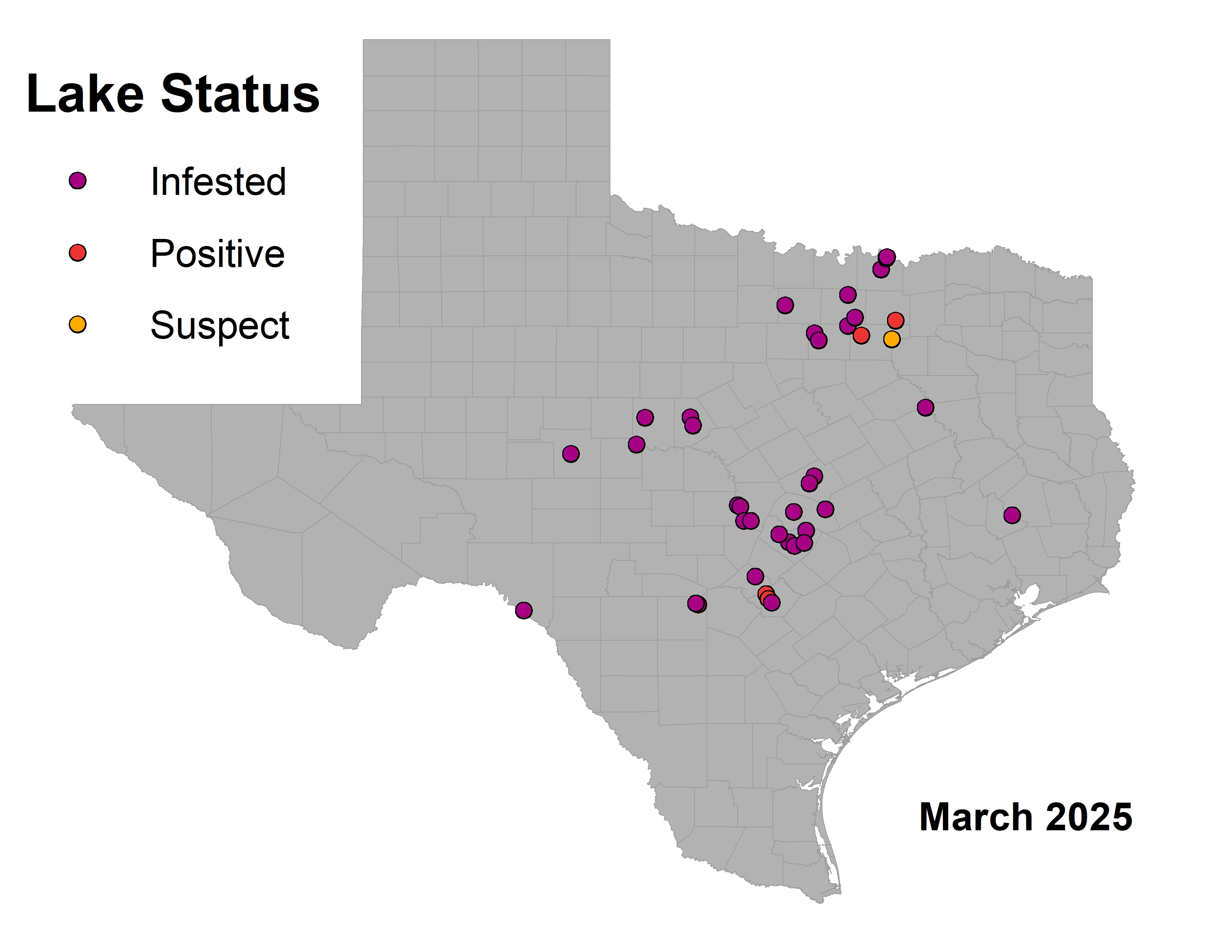 Map showing locations of infested lakes