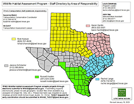 Map of Wildlife Habitat Assessment Program staff areas of responsibility.
