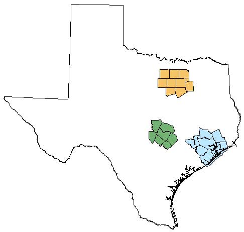 Highlighted counties of Texas participating in the Challenge.