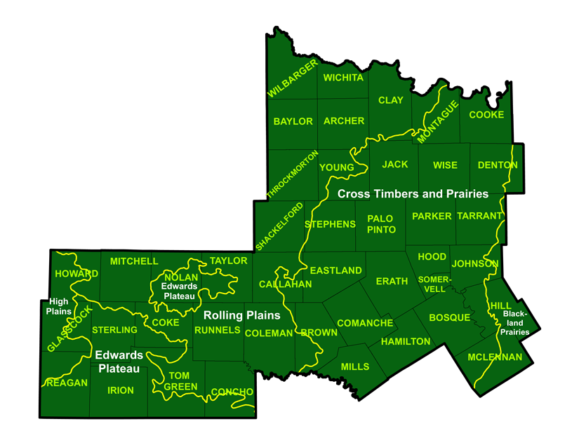 map of the Ecological Regions in Wildlife District Cross Timbers in North Central Texas