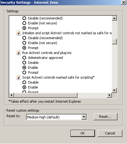 showing Security Settings to enable ActiveX