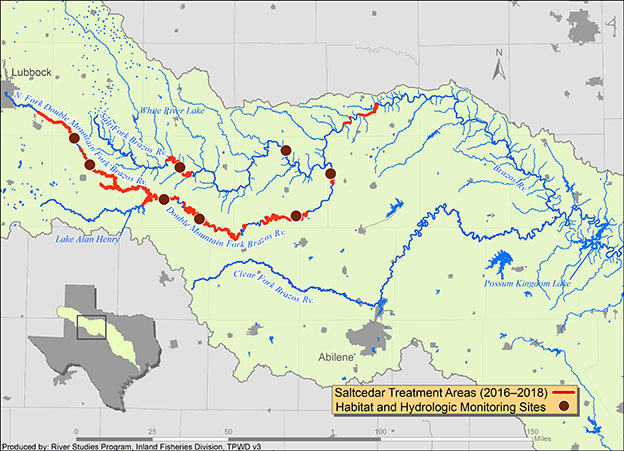 Map of rivershed showing monitoring sites and areas treated 2016-2018